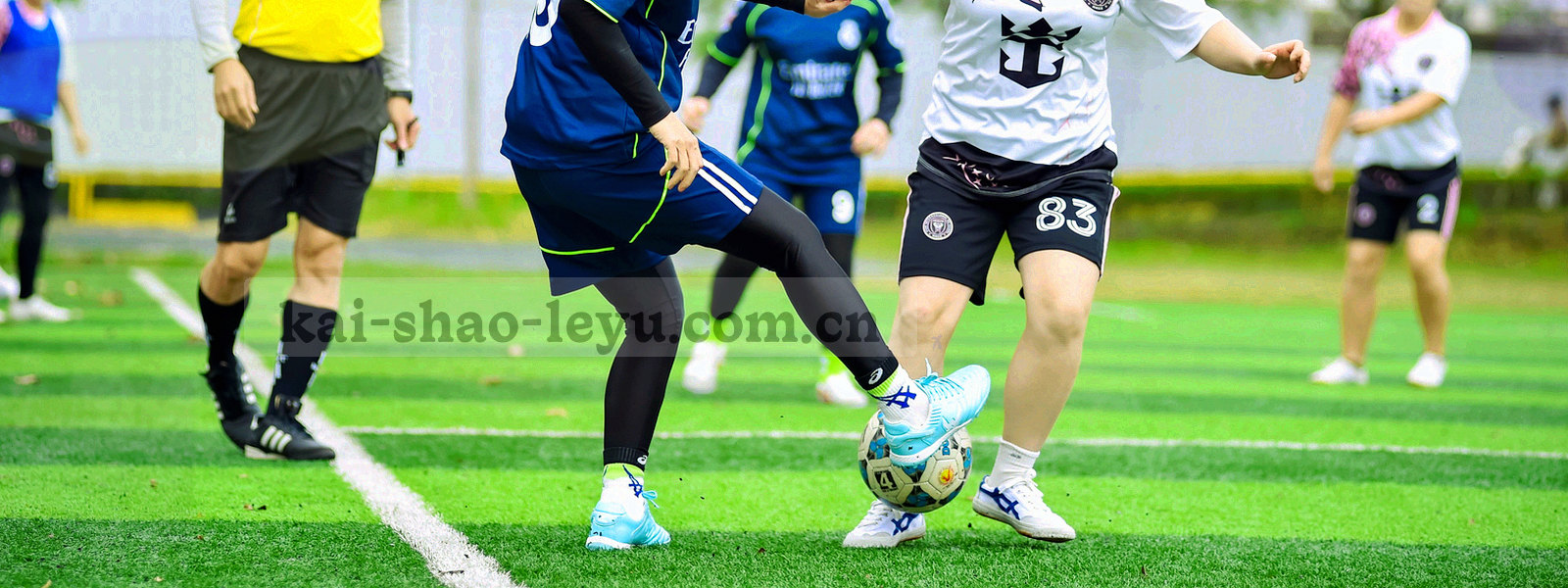绿茵足球场俯瞰图，白色边线与草地形成对比，远处有看台